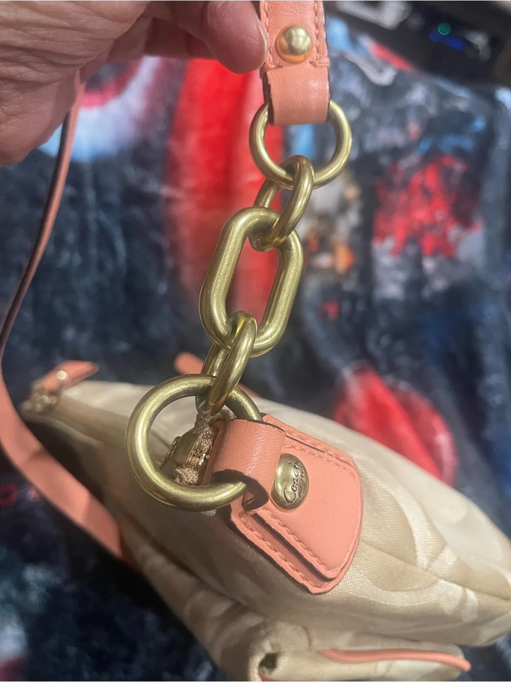 Coach Kristin Khaki Signature Jacquard Crossbody with Coral Trim